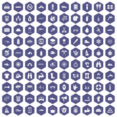 Fototapeta na wymiar 100 rafting icons set in purple hexagon isolated vector illustration