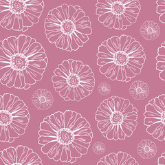 Seamless pink pattern with white flowers zinnia, camomile for textile, bedlinen, pillow, undergarment, wallpaper.