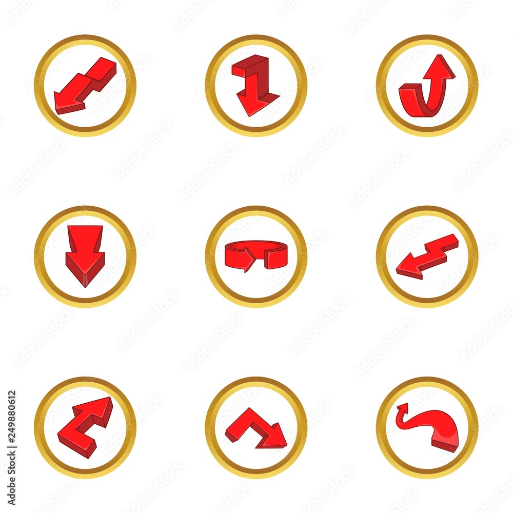 Poster red arrow icons set. cartoon set of 9 red arrow vector icons for web isolated on white background