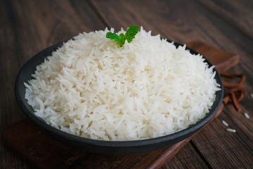 Bowl of cooked basmati rice. selective focus