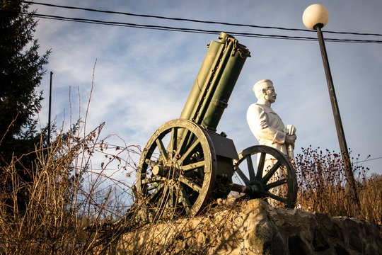 Old cannon and monment in Mokra Gora in Serbia small village placed between two mountains and on border crossing with BiH