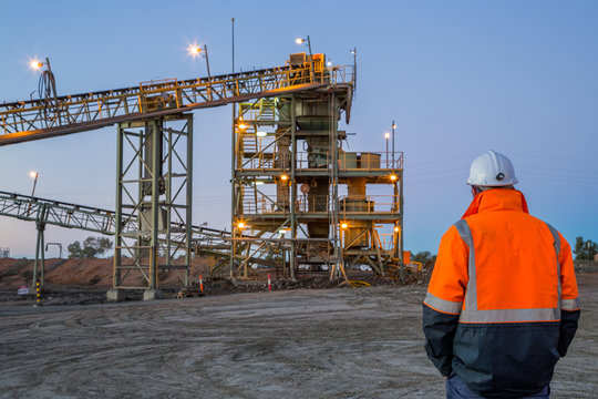 Unidentifiable miner in front of a copper mine head in NSW Australia