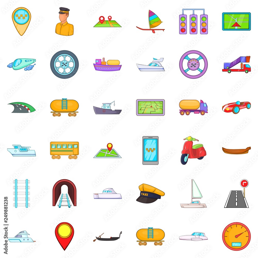 Poster different transport icons set. cartoon style of 36 different transport vector icons for web isolated