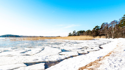 Shore line in the early spring weather with floating ice. Ruissalo, Turku Finland. February 2019.