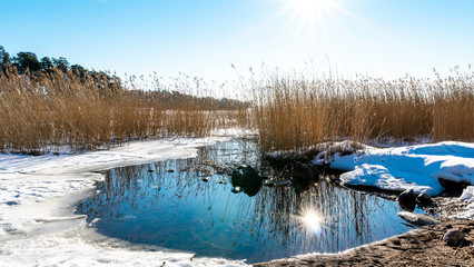 Shore line in the early spring weather with floating ice. Ruissalo, Turku Finland. February 2019.
