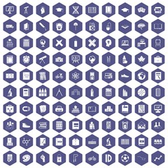 100 school icons set in purple hexagon isolated vector illustration
