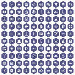 Fototapeta na wymiar 100 seaside resort icons set in purple hexagon isolated vector illustration