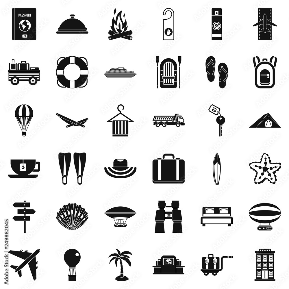 Poster travel in summer icons set. simple style of 36 travel in summer vector icons for web isolated on whi
