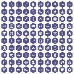 100 shoe icons set in purple hexagon isolated vector illustration