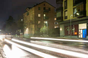 KOUVOLA, FINLAND - NOVEMBER 8, 2018: Long exposure photo. Night traffic on streets of Kouvola, Finland.