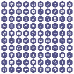 100 show business icons set in purple hexagon isolated vector illustration