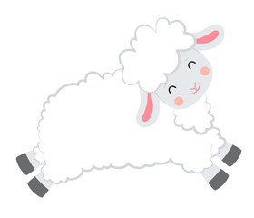 Cartoon vector smiling white sheep jumping on white background