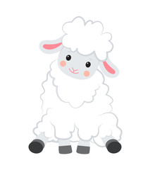 Cartoon vector smiling white sheep sits on white background