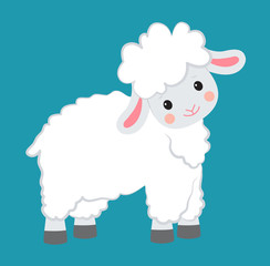 Cartoon smiling vector white sheep sits on white background