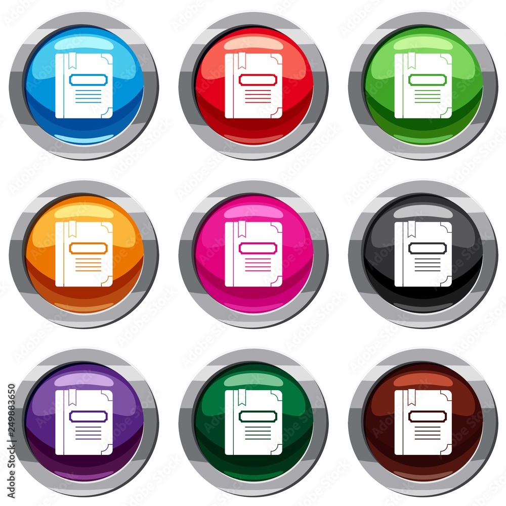 Poster tutorial with bookmark set icon isolated on white. 9 icon collection vector illustration