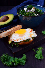 Sandwich with fried egg with liquid yolk and kale cabbage against the dark background