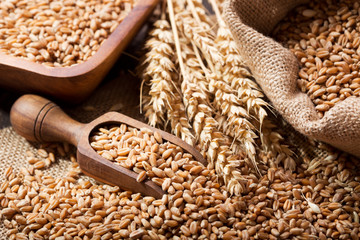 grains and wheat ears on a wooden table