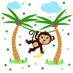 poster with cute monkey and palm - vector, illustration, eps