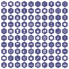 100 stopwatch icons set in purple hexagon isolated vector illustration