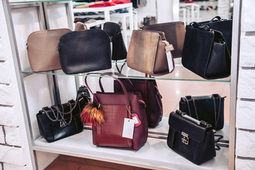 A collection of expensive luxury handbags of various colors standing on the shelf of a women's clothing store and accessories.