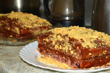chocolate cake sprinkled with nuts