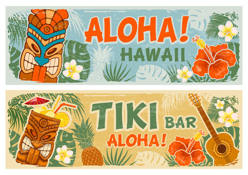 Fototapeta Poziome banery ustawione w stylu hawajskim