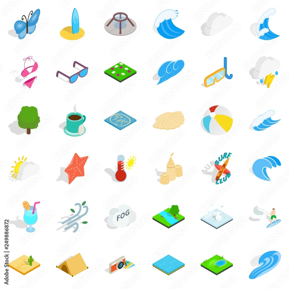 Poster water in beach icons set. isometric style of 36 water in beach vector icons for web isolated on whit