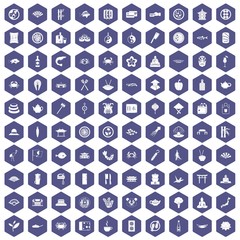 100 sushi bar icons set in purple hexagon isolated vector illustration