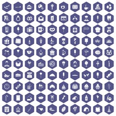 Fototapeta na wymiar 100 sweets icons set in purple hexagon isolated vector illustration