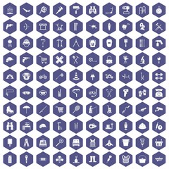 100 tackle icons set in purple hexagon isolated vector illustration