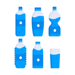 Set of water plastic bottles. Clean drink in plastic container