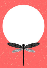 Dragonfly on coral background with round copy space vertical 3D illustration