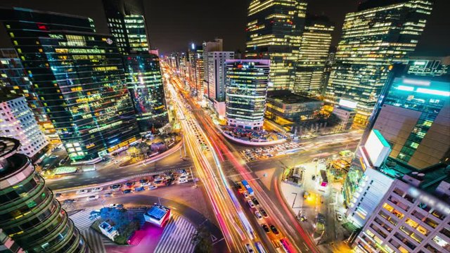Timelapse Traffic at night in Gangnam City Seoul, South Korea.