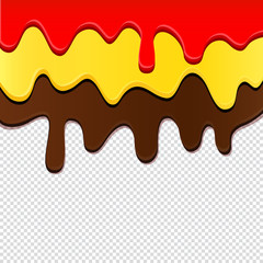 Flowing glaze on transparent background. Liquid chocolate and cream.