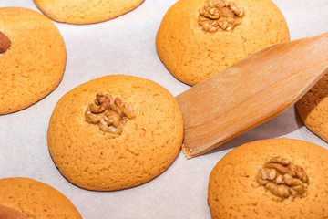 walnut cookies. warm homemade cookies with sugar. view from above