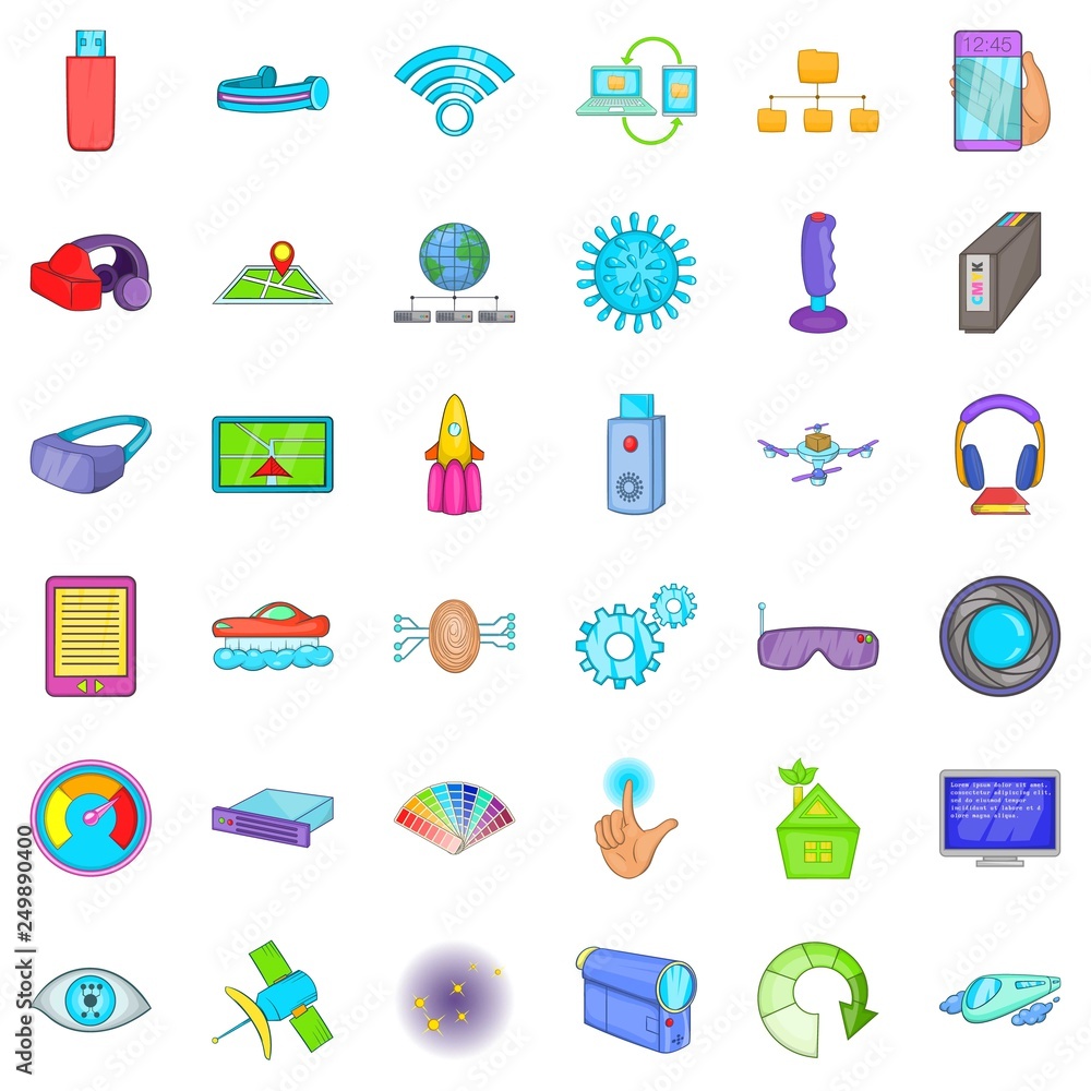 Poster broadcasting technology icons set. cartoon style of 36 broadcasting technology vector icons for web 