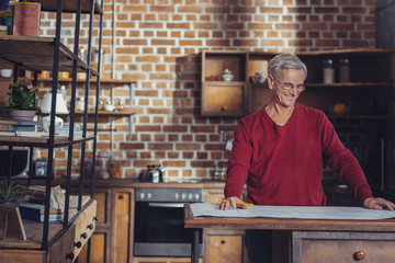 Cheerful aged architect smiling while working at the project