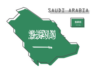 Saudi arabia map and flag . Modern simple line cartoon design . Vector .