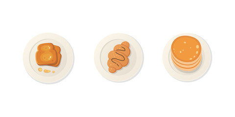 Breakfast dessert fresh food top view. breakfast meal vector set.