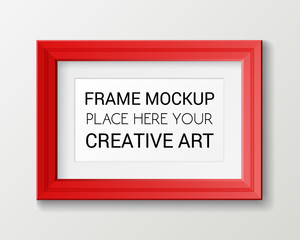 Realistic rectangular red frame template, frame on the wall mockup with decorative borders