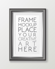 Realistic vertical gray frame template, frame on the wall mockup with decorative borders