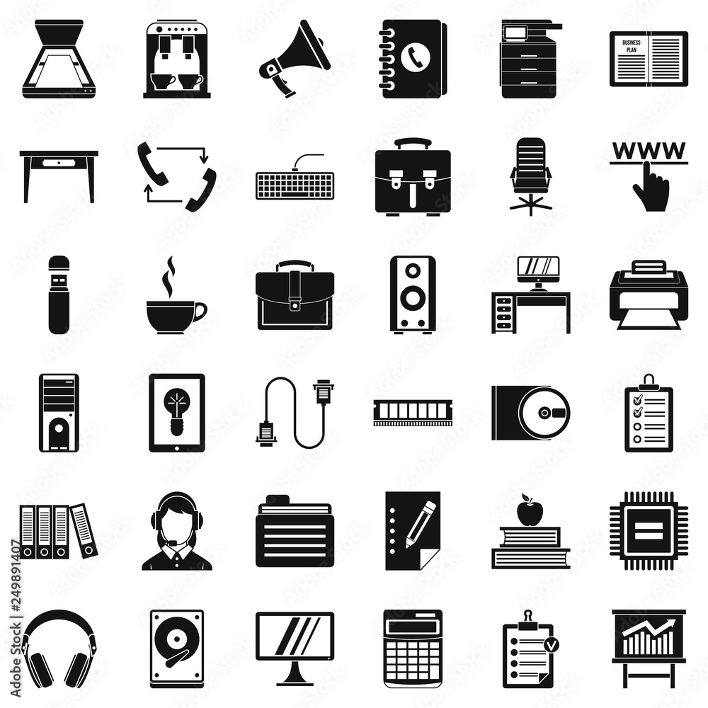 Poster work book icons set. simple style of 36 work book vector icons for web isolated on white background