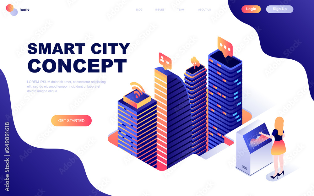 Poster modern flat design isometric concept of smart city technology decorated people character for website