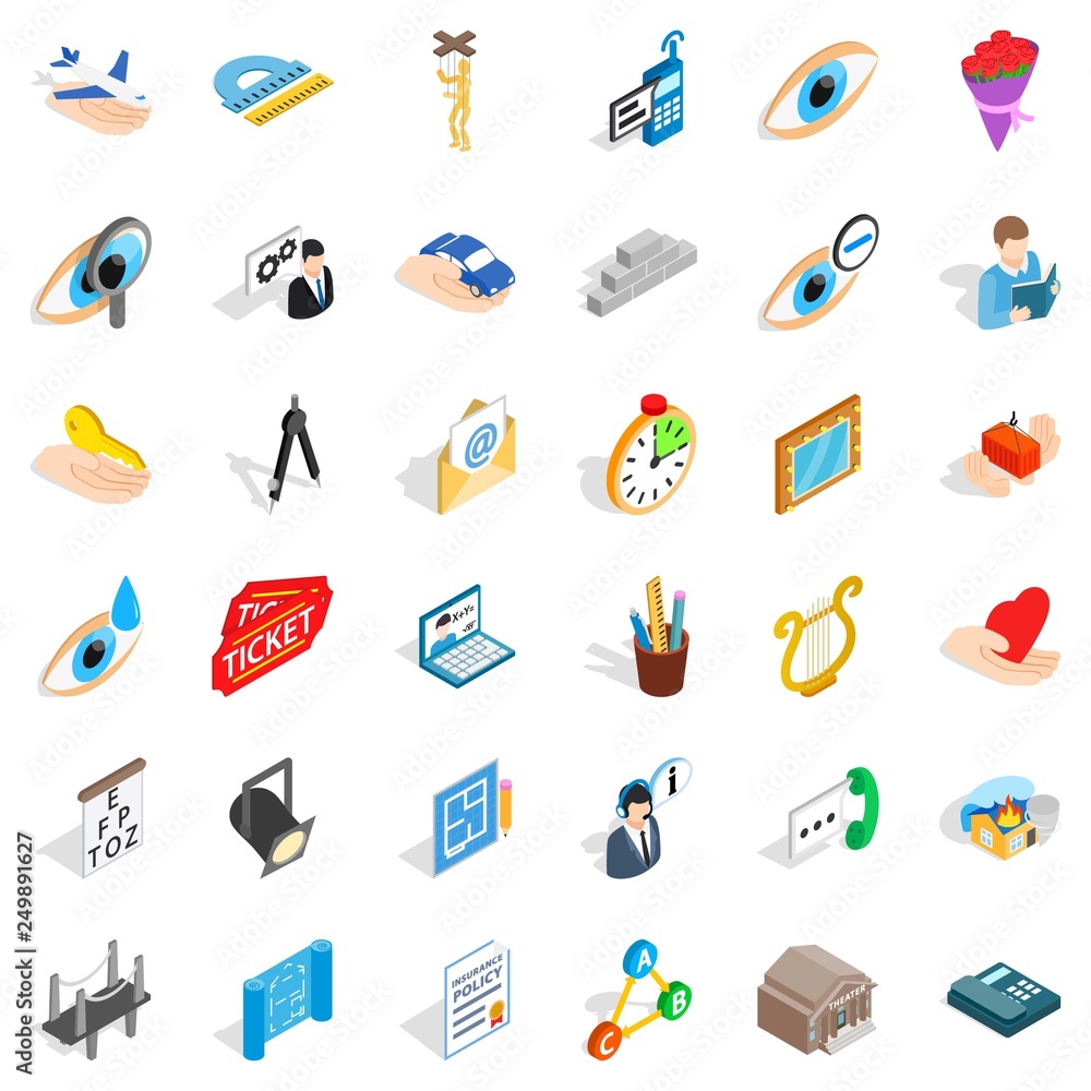 Poster work time icons set. isometric style of 36 work time vector icons for web isolated on white backgrou