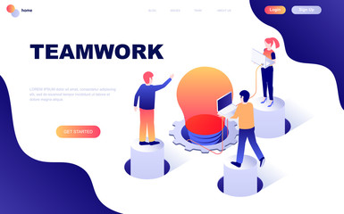 Fototapeta na wymiar Modern flat design isometric concept of Teamwork decorated people character for website and mobile website development. Isometric landing page template. Vector illustration.