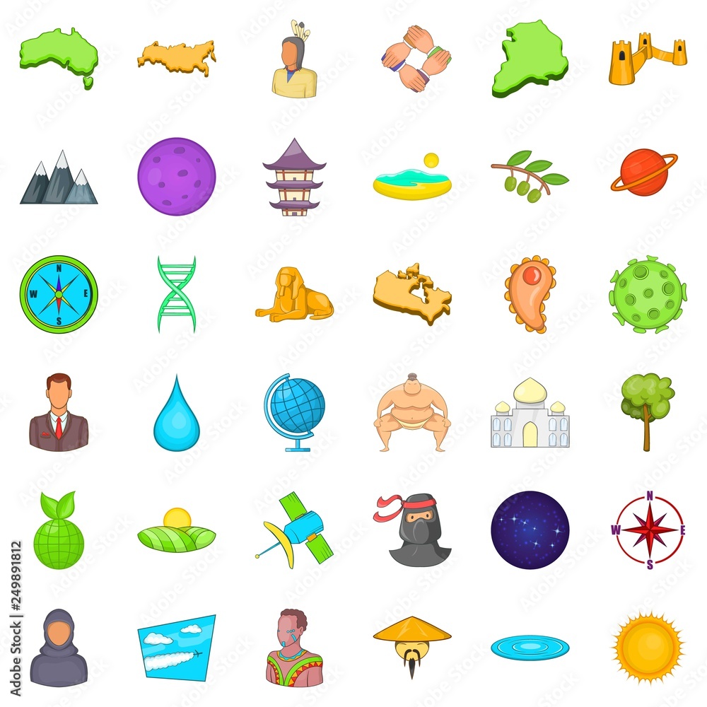 Poster different world icons set. cartoon style of 36 different world vector icons for web isolated on whit