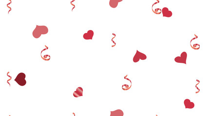 Vector Seamless Pattern on a White fond. Romantic Pattern of Hearts and Serpentine. The idea of packaging, textiles, wallpaper, banner, printing. Flying Red confetti.