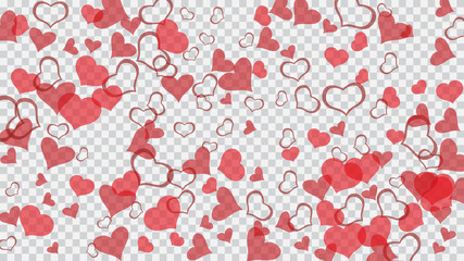 Red hearts of confetti are flying. Red on Transparent background Vector. Design element for wallpaper, textiles, packaging, printing, holiday invitation for wedding. Light background.