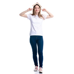 Woman in jeans book on head on white background isolation