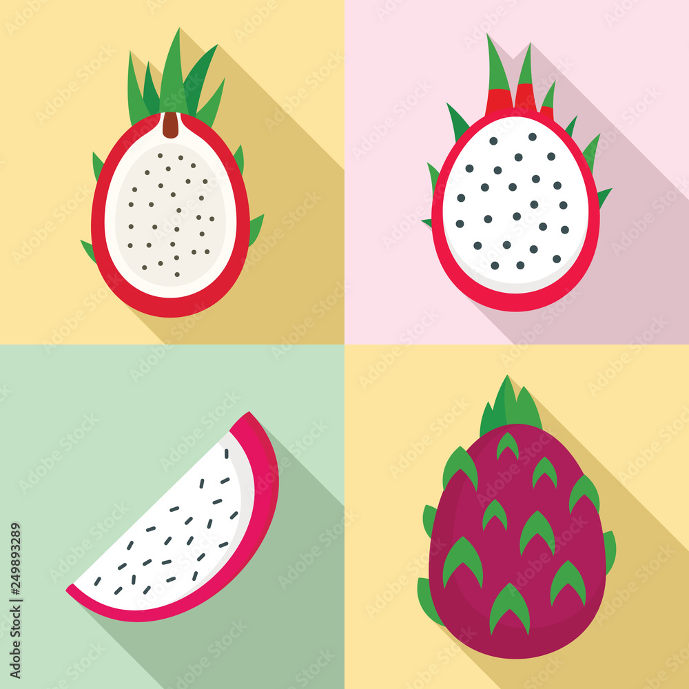 Poster pitaya icons set. flat set of pitaya vector icons for web design